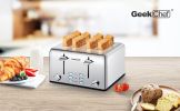 Toaster 4 Slice, Geek Chef Stainless Steel Extra-Wide Slot Toaster with Dual Control Panels of Bagel/Defrost/Cancel Function, 6 Toasting Bread Shade S