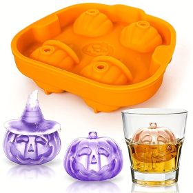 1pc Halloween Spoof Pumpkin Ice Tray 4 Grids Silicone Ice Tray Easy Release Mold Smile Face Wizard Hat Pumpkin Ice Mold (Color: Orange)